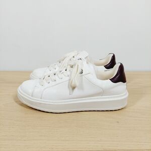 Zara White Leather & Wine-Detail Platform Low-Top Sneakers #1248
